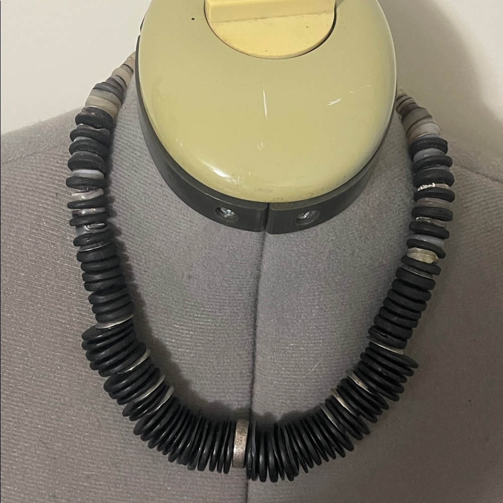 Chicos Antique Silver tone With Black Designer Saucer Beads  Beaded Necklace